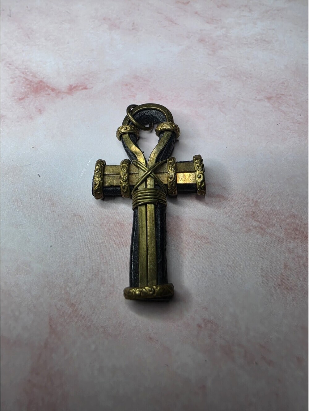 Vintage Steam Punk Ankh Pendant Mixed Metal Gold Wire Wrap Goth Cross Necklace